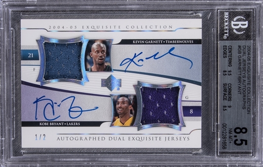 2004-05 UD Exquisite Collection "Dual Jerseys Autographs" #A2E-GB Kevin Garnett/Kobe Bryant Dual-Signed Game Used Patch Card (#1/2) – BGS NM-MT+ 8.5/BGS 10 